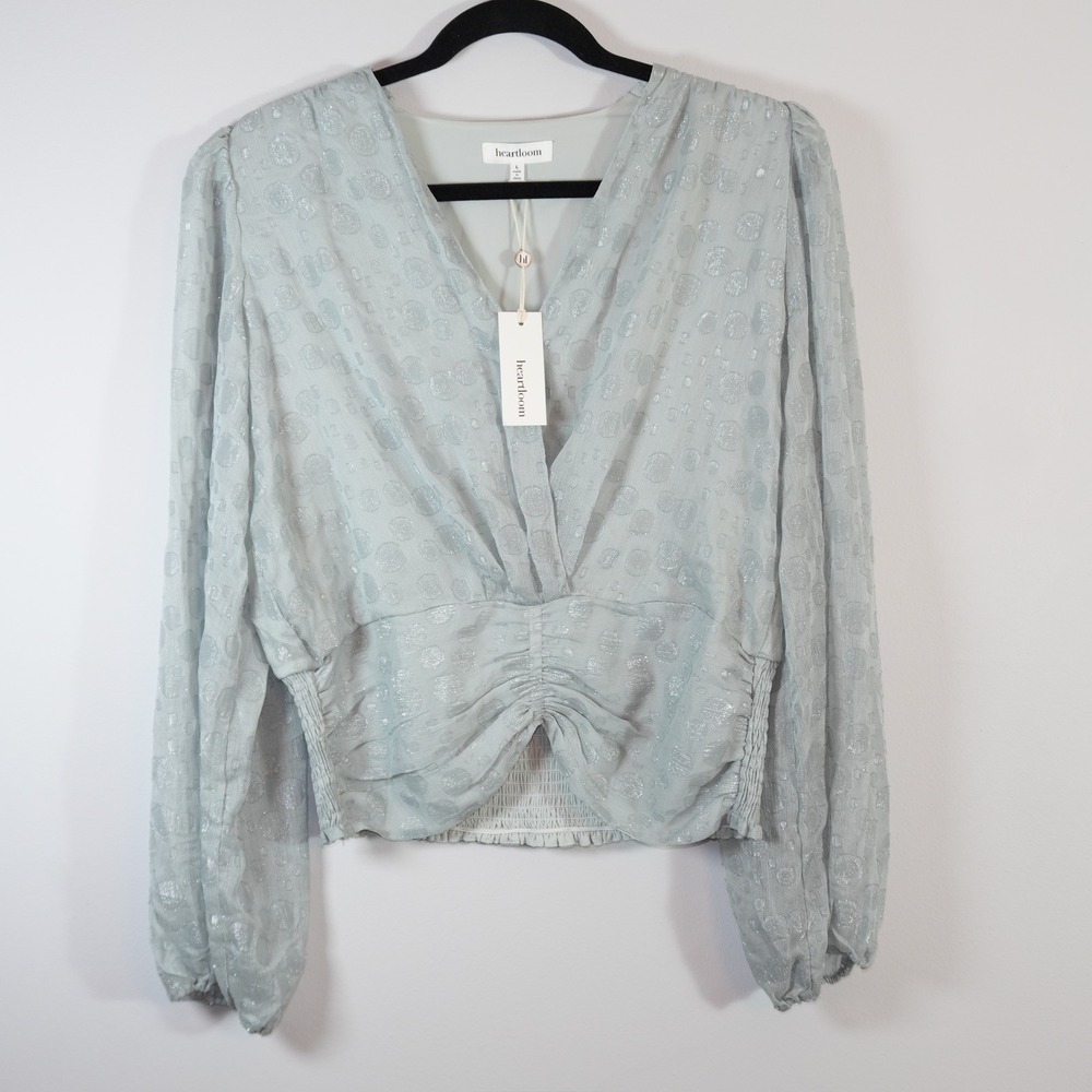 NWT Revolve Heartloom Swiss Dot Shimmer Blouse Gray Blue Smocked Top Coquette L